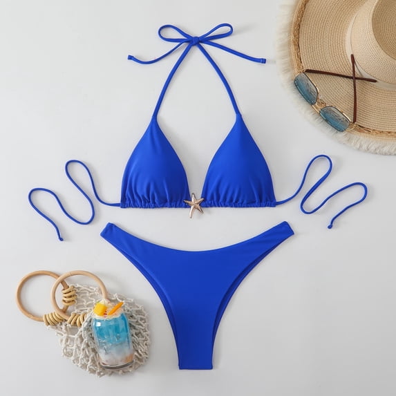Roncen Women's High Waisted Thong Bikini Set Halter Triangle Tie Back Swimsuit Bathing Suit