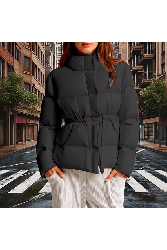 Women's Hooded Puffer Jacket with Drawstring Waist, Loose Fit Warm Insulated Winter Coat, Casual Outerwear