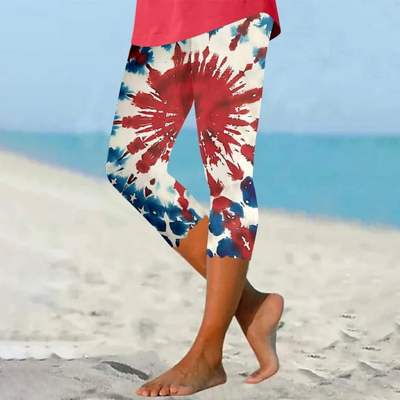 Roncen Women's Independence Day High-Waisted Capri Pants - Slim Fit Summer Printed Elastic Waist Stretch Fabric for Casual Wear & Layering