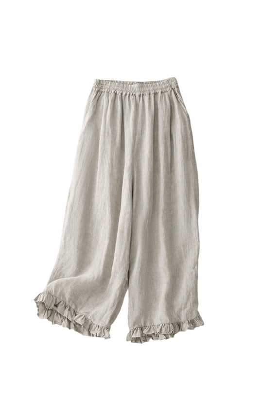 Women's Japanese Style Ruffle Trim Pants - Elastic Waist Wide Leg Lounge Pants, Loose Fit Bohemian Casual Trousers with Drawstring