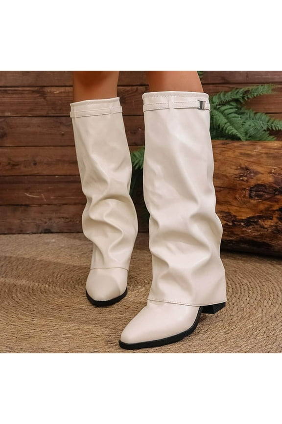Women's Knee High Boots with Metallic Block Heel - Pleated Solid Color Casual Autumn Winter Style, Comfortable Mid Calf Mid Heel Trendy Footwear