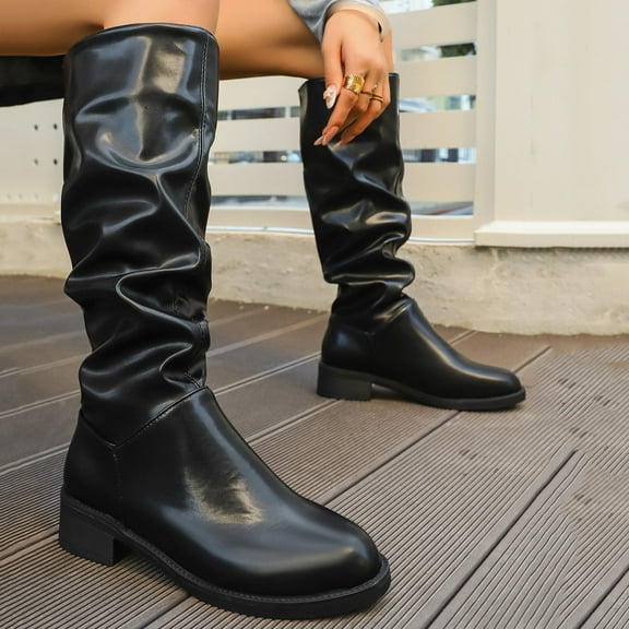 Roncen Women's Knee-High Crinkle Stacked Boots - Winter Casual Round Toe Solid Color Chunky Low Heel Boots for Stylish Outfits