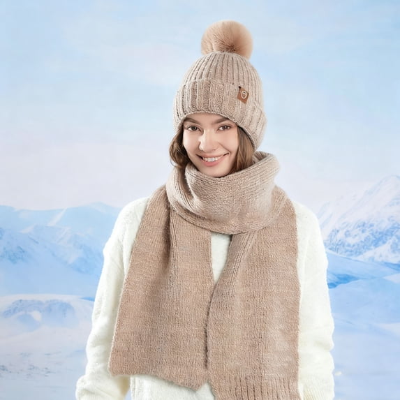 Roncen Women's Knit Hat and Scarf Set,Ribbed Winter Set with Faux Fur Pom Pom, Cozy Two-Piece Accessories