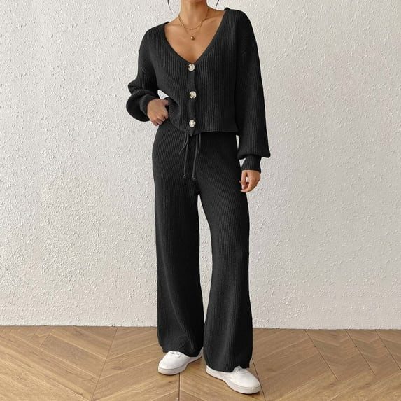Roncen Women's Knit Lounge Set - V-Neck Cardigan & Drawstring Pants, Solid Color Soft Cotton Blend Two Piece Outfit for WFH & Home