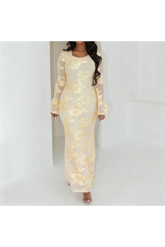 Women's Knit Mermaid Maxi Dress with Floral Embroidery, Elegant Bell Sleeve Evening Gown