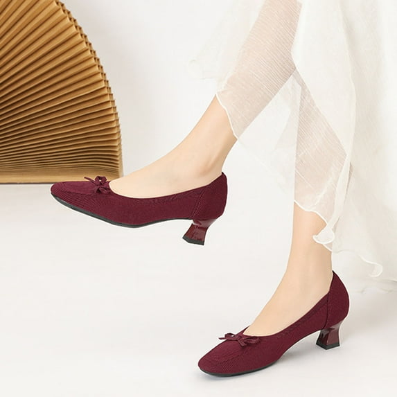 Roncen Women's Knit Square-Toe Bow Detail Slip-On Chunky Heels - Casual Solid Color Low-Cut Comfortable Shoes for Year-Round Wear