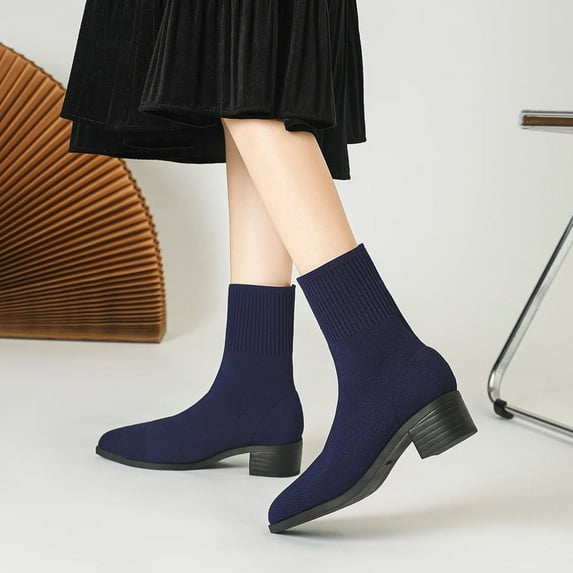Roncen Women's Knit Stretchy Ankle Boots - Fashion Casual Solid Color Pointed Toe Chunky High Heel Pull-On Shoes for Comfortable Daily Wear