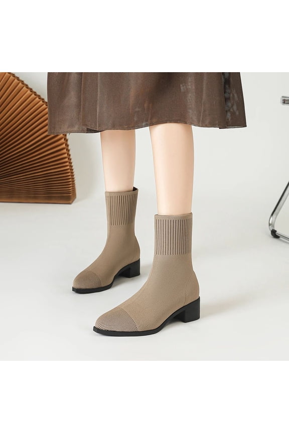 Women's Knit Stretchy Ankle Boots - Fashion Casual Solid Color Pointed Toe Chunky High Heel Pull-On Shoes for Comfortable Daily Wear