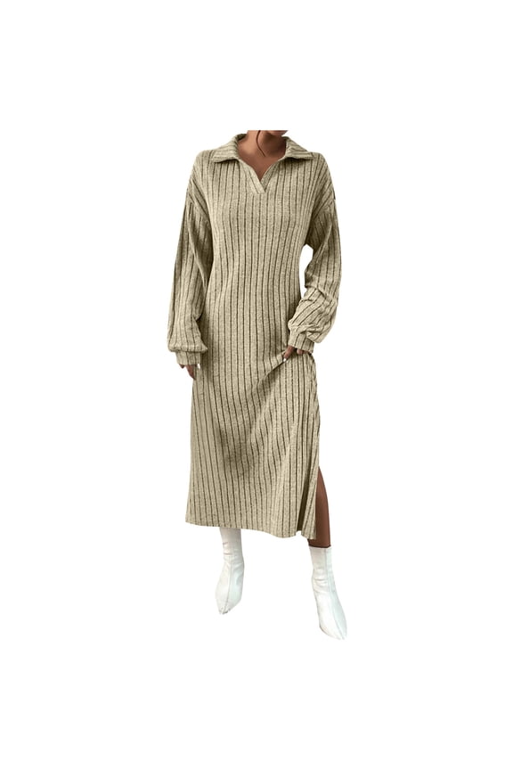 Women's Knit Sweater Dress -Casual Long Sleeve Fall/Winter Dresses V Neck Ribbed