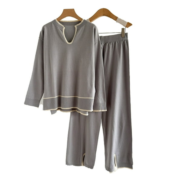 Roncen Women's Knit Sweater Set with Wide-Leg Pants - Autumn Winter U-Neck Long Sleeve Top & Split-Hem Trousers Two-Piece Outfit, Cozy Stretch Knit Fabric, Relaxed Fit for Casual Chic