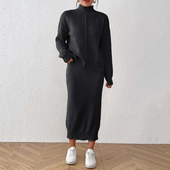 Roncen Women's Knitted Pure Color Two-Piece Set - Long Sleeve Turtle Neck Sweater with Skirt, Chic and Stylish Outfit