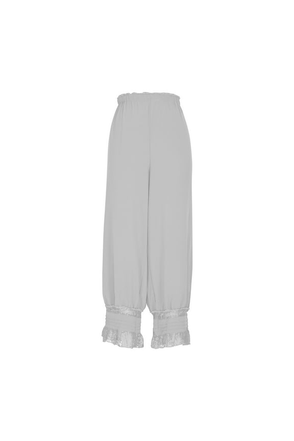 Women's Lace Insert Wide Leg Pants - Solid Color Crochet Trim Lounge Trousers, High Waist Breathable Palazzo Pants with Elastic Waist
