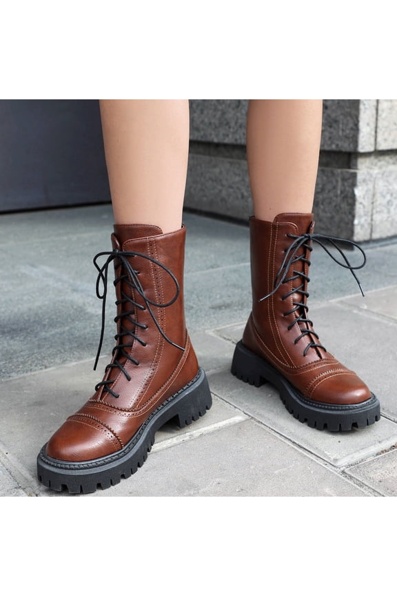 Women's Lace-Up Ankle Boots Low Heel Round Toe - Edgy British Style Casual Booties for Fall Winter, Trendy Chic Versatile Design with Sweet & Cool Aesthetic