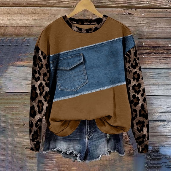 Roncen Women's Leopard Print Sleeve Pullover, Denim Patch Hoodie, Long Sleeve Casual Crewneck Sweatshirt