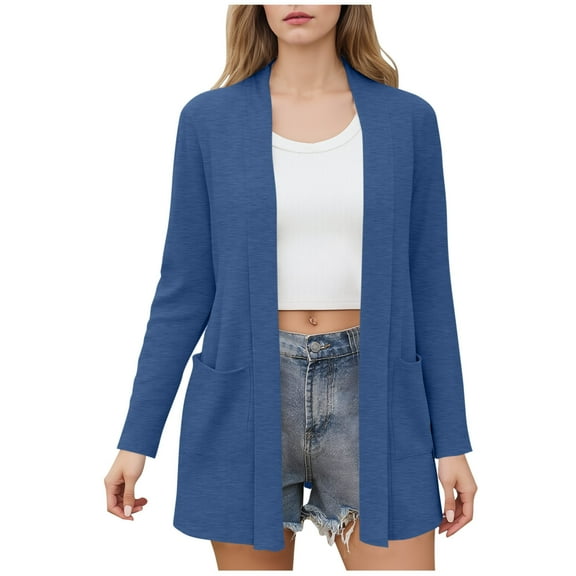 Roncen Women's Lightweight Cardigan Sweater Coat - Open Front Long Sleeve Casual Loose Knit Cardigan with Pockets - Solid Color No Hood Relaxed Outerwear Jacket for Everyday Wear