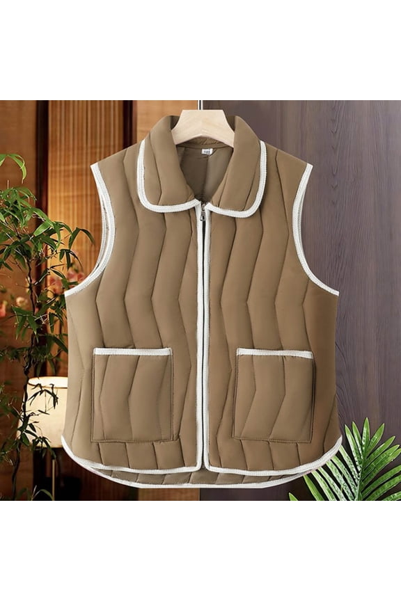 Women's Lightweight Vest - Solid Color Sleeveless Lapel Zipper Pockets Layered Quilted Thermal Lining Waistcoat - Fleece-Lined Warm Casual Layering Piece for Autumn Winter Outerwear