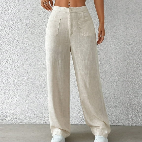 Roncen Women's Linen Casual High Waist Wide Leg Straight Dress Cotton Linen Pants Button Trousers