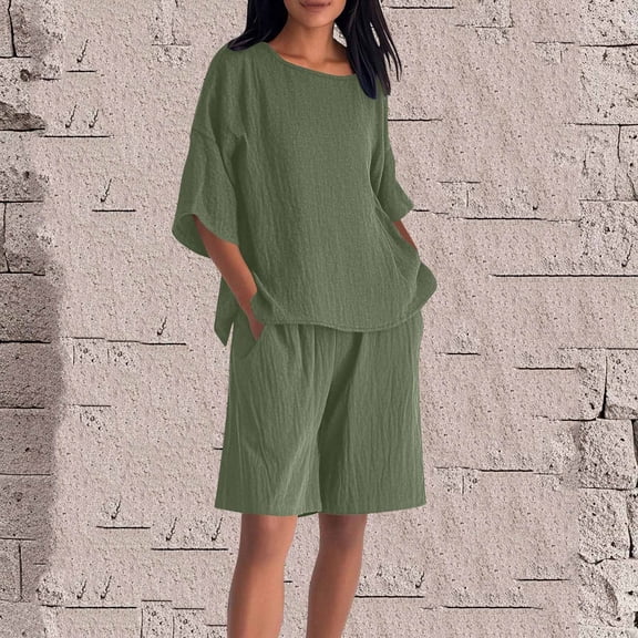 Roncen Women's Linen Cotton Casual Set - Solid Color Round Neck 3/4 Sleeve Top with Elastic Waist Shorts, Comfortable and Stylish Summer Outfit