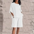thumbnail image 1 of Roncen Women's Linen Cotton Casual Set - Solid Color Round Neck 3/4 Sleeve Top with Elastic Waist Shorts, Comfortable and Stylish Summer Outfit, 1 of 9