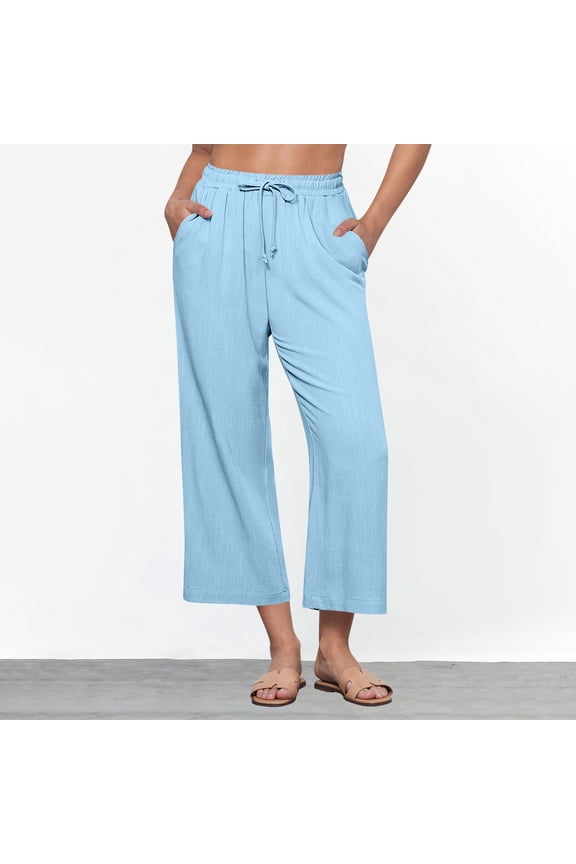 Women's Linen Culottes - Loose Straight Leg Summer Trousers with Drawstring Waist & Pockets, Solid Color Casual Style