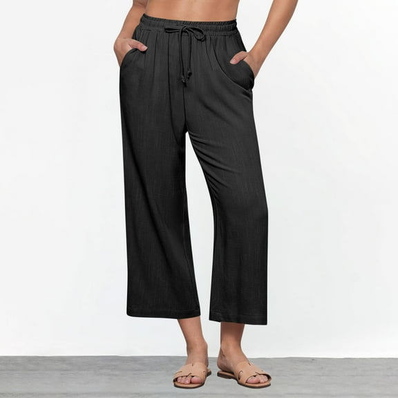 Roncen Women's Linen Culottes - Loose Straight Leg Summer Trousers with Drawstring Waist & Pockets, Solid Color Casual Style