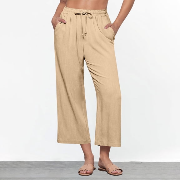 Roncen Women's Linen Culottes - Loose Straight Leg Summer Trousers with Drawstring Waist & Pockets, Solid Color Casual Style