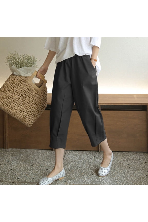 Women's Linen Harem Pants - High Waist Wide Leg Cropped Casual Trousers with Relaxed Fit & Breathable Fabric