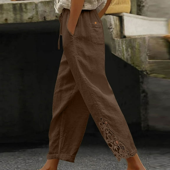 Roncen Women's Linen Lace Trimmed High-Waisted Jogger Pants - Cropped Design with Drawstring Waist, Front Pockets & Snap Button Closure for Casual Comfort
