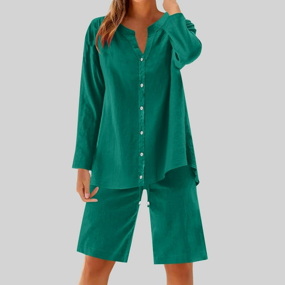 Roncen Women's Linen Set - V-Neck Button-Up Shirt & Drawstring Shorts for Summer Casual