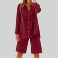 thumbnail image 1 of Roncen Women's Linen V-Neck Button-Up Shirt & Drawstring Shorts Set - Pure Color Casual Outfit with Long Sleeve Top and Elastic Waist Shorts, 1 of 9