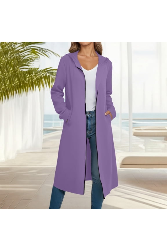 Women's Long Hooded Cardigan Jacket - Casual Zip-Up Outerwear with Zippered Pockets - Solid Color Lightweight Coat for Layering