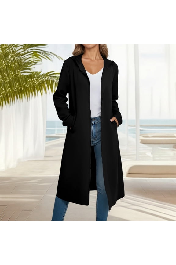 Women's Long Hooded Cardigan Jacket - Zip-Up Casual Coat with Front Pockets - Solid Color Lightweight Outerwear for Everyday Wear