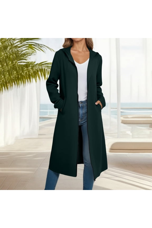 Women's Long Hooded Cardigan Jacket - Zip-Up Casual Coat with Front Pockets - Solid Color Lightweight Outerwear for Everyday Wear