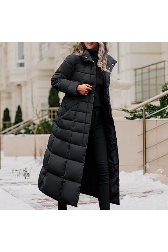 Women's Long Down Jacket - Extended Winter Coat with Hooded Warm Design, Solid Color Long Sleeve Puffer Coat - Adjustable Drawstring Waist for Custom Fit, Zippered Outerwear for Cold Weather