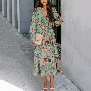Roncen Women's Long Sleeve Casual Print Bohemian Deep V-neck Maxi Dress - Vibrant and Colorful, Channel Your Inner Hippie