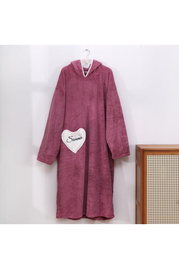 Women's Long Sleeve Hooded Bathrobe - Coral Fleece Plush Thickened Robe with Round Neck - Solid Color Soft Loungewear Homewear for Women