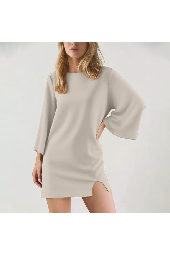 Women's Long Sleeve Lapel V-Neck Sportswear Dress - Loose Fit Pure Color Dress, Long Sleeve V-Neck Design