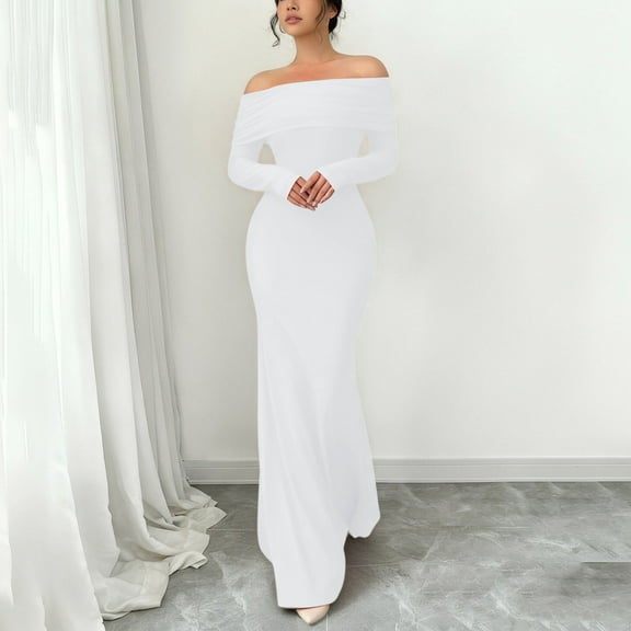 Roncen Women's Long Sleeve Off The Shoulder Bodycon Dress Elegant Maxi Dress Cocktail Prom Dresses