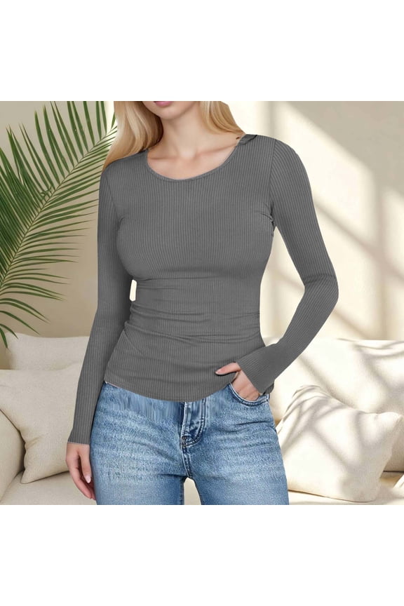 Women's Long Sleeve Shirts, Ribbed Slim Fitted Tops Stretch Crew Neck Undershirt Casual Basic Tee Blouse