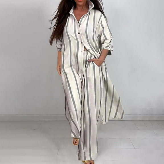 Roncen Women's Long Sleeve Stripe Set - Loose Fit Wide-Leg Pants 2-Piece Outfit with Turn-Down Collar & Casual Trousers