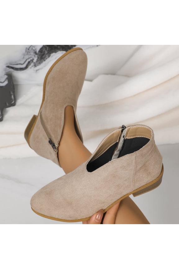 Women's Low Heel Suede Ankle Boots - Vintage Classic Block Heel with Side Zipper, Round Toe V-Cut Design for Trendy Fall/Winter Style