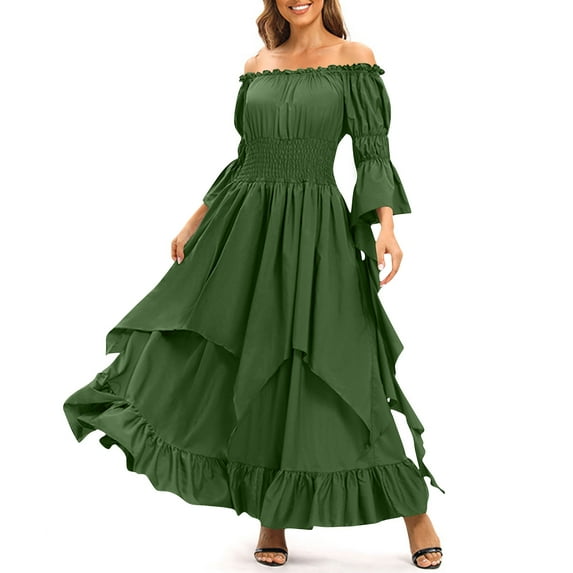 Roncen Women's Medieval Retro Dress - Off-Shoulder Corset Waist Long Sleeve Vintage-Inspired Maxi Dress for Renaissance Fair, Gothic Historical Theme Party