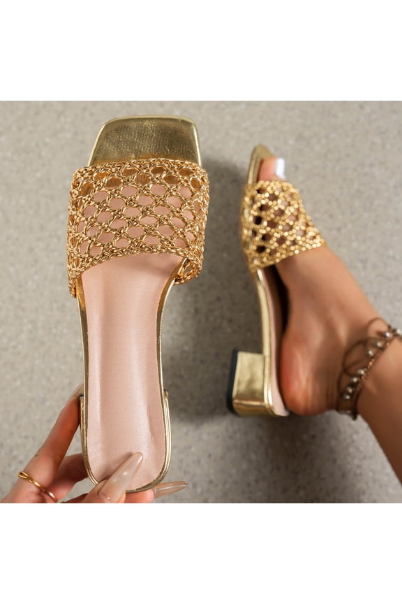 Women's Metallic Mesh Sparkly Sandals Dressy Wide Width Slip on Slide Fishnet Vacation Summer Flats Sandals