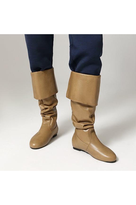 Women's Mid Calf Boots - Low Heel Flat Western Ankle Boots with Pleated Turn-Down Cuff, Casual Versatile Sweet & Edgy Style for Fall Winter Trendy Outfits