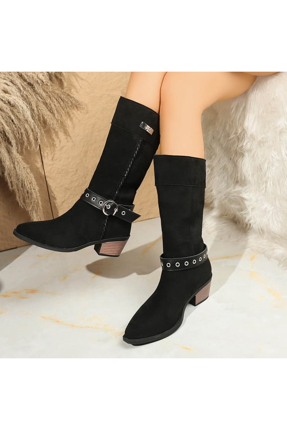 Women's Mid Calf Boots Suede Casual Retro Chunky Heel - Adjustable Strap Low Heel Design Trendy Autumn Winter Style Versatile Ankle Boots