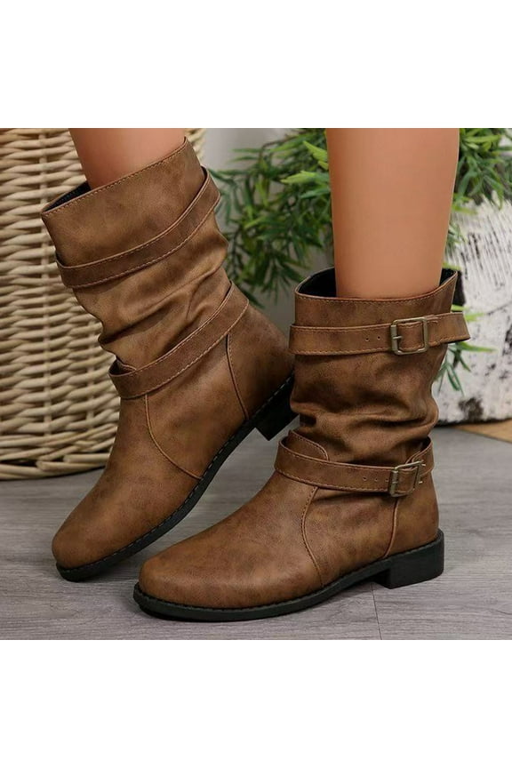 Women's Mid Calf Boots Suede Leather - Fashion Casual Winter Boots with Buckle Detail, Slip On Round Toe and Chunky Heel for Warmth & Comfort