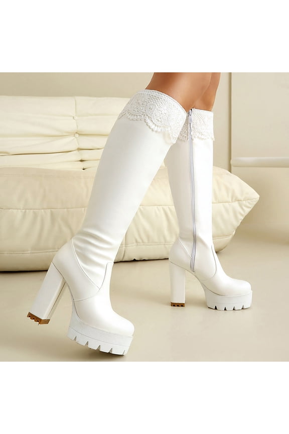 Women's Mid-Calf Boots with Chunky Heel - Stylish Lace Trim Equestrian Design Autumn Winter Boots, Fashionable Versatile Casual Wear