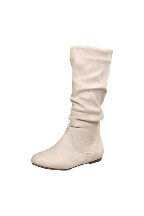 Women's Mid-Calf Suede Casual Boots - Slouchy Stacked Flat Boots with Zipper Closure for Autumn, Trendy and Versatile Fashion Booties