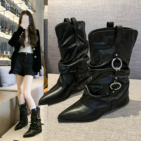 Roncen Women's Mid-Calf Wide Shaft Boots - Pointed Toe Fold-Over Black Kitten Heel, Comfortable & Versatile for Work & Casual Wear​​