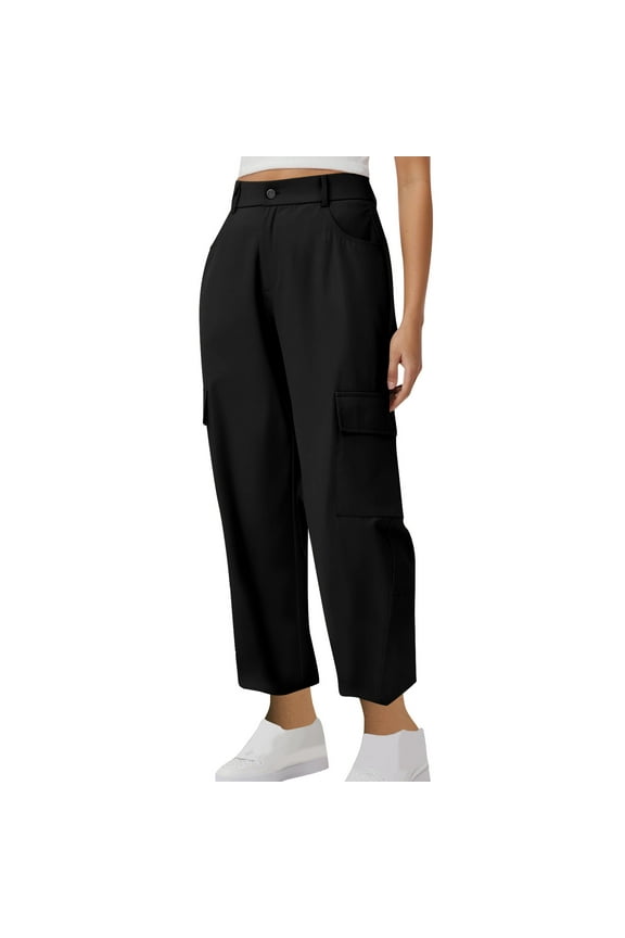 Women's Mid-Rise Cargo Pants - Casual Relaxed Fit Trousers with Multiple Pockets for Everyday Wear